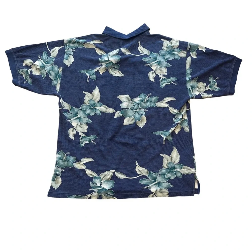 Tommy Bahama Mens XL Blue Ribbed Cotton Floral Tropical Polo Shirt Short‎ Sleeve